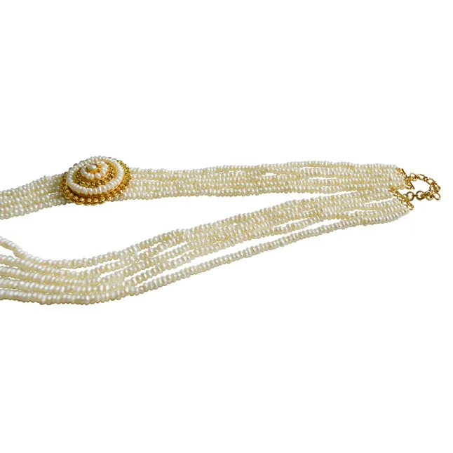 5 Line Real Freshwater Pearl Gold Plated Pendant Maharani Necklace for Women (SN972)