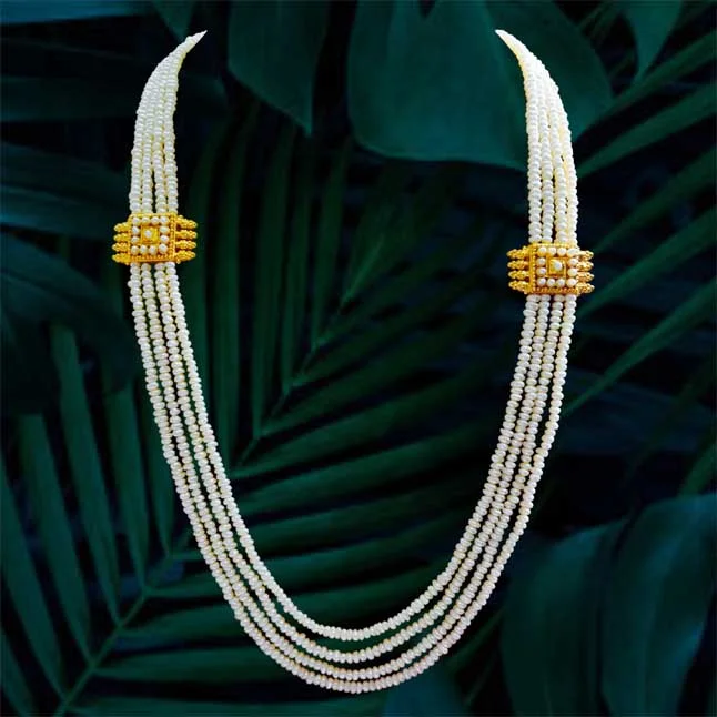 4 Line Real Freshwater Pearl & 2 Gold Platted Pendant Maharani Necklace (SN973)