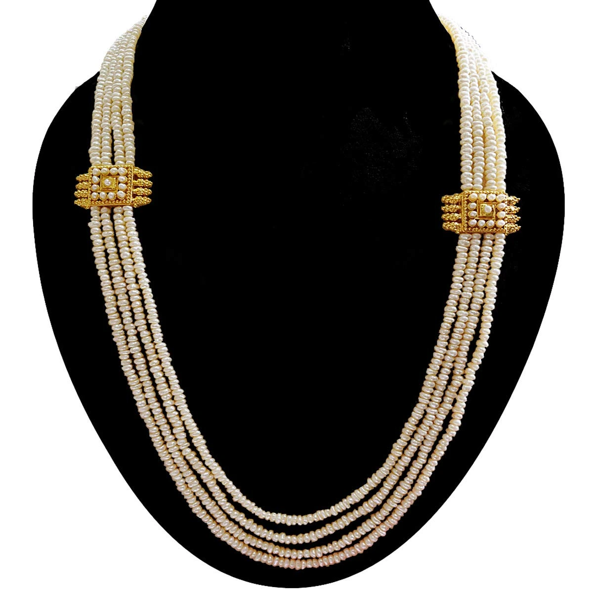4 Line Real Freshwater Pearl & 2 Gold Platted Pendant Maharani Necklace (SN973)