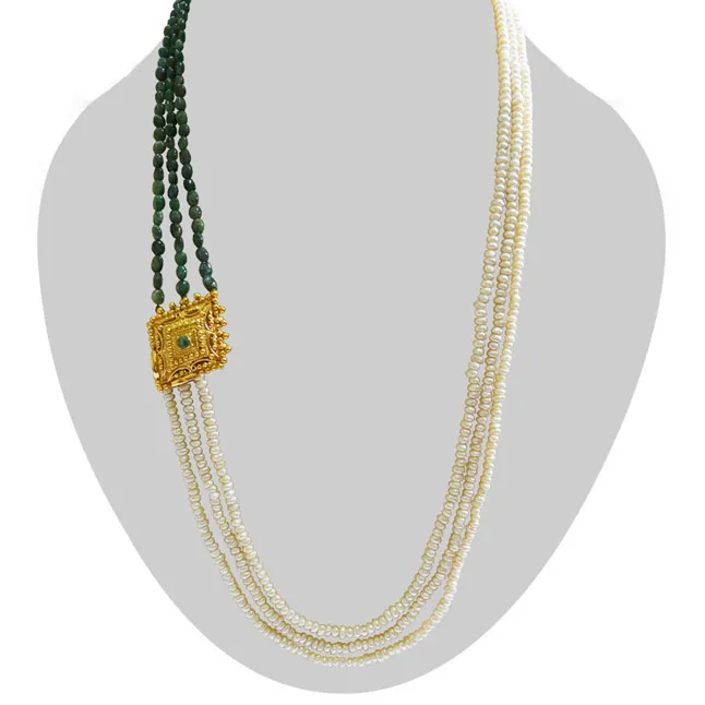 3 Line Real Emerald, Freshwater Pearl &  Gold Plated Pendant Maharani Necklace (SN974)