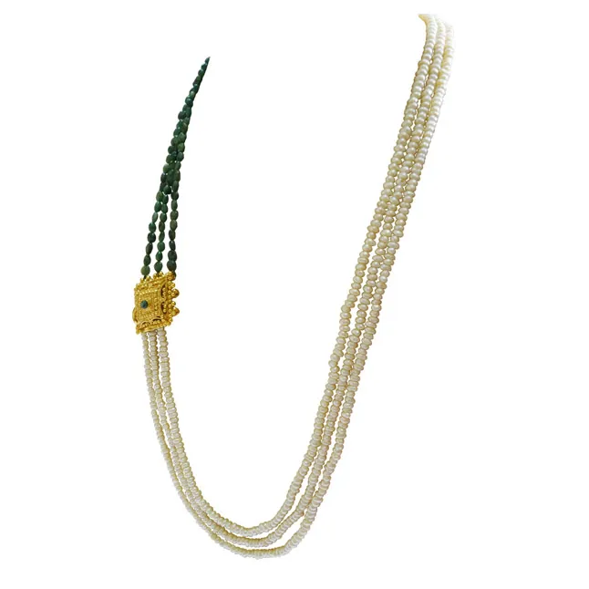 3 Line Real Emerald, Freshwater Pearl &  Gold Plated Pendant Maharani Necklace (SN974)