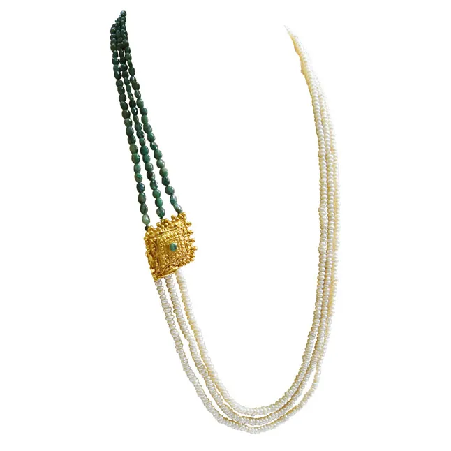 3 Line Real Emerald, Freshwater Pearl &  Gold Plated Pendant Maharani Necklace (SN974)