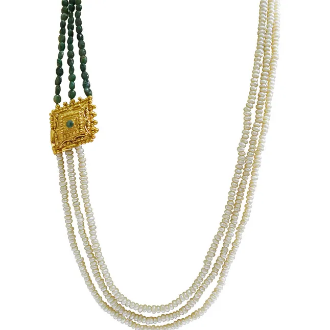 3 Line Real Emerald, Freshwater Pearl &  Gold Plated Pendant Maharani Necklace (SN974)