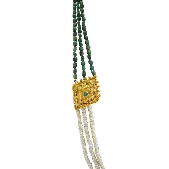 3 Line Real Emerald, Freshwater Pearl &  Gold Plated Pendant Maharani Necklace (SN974)