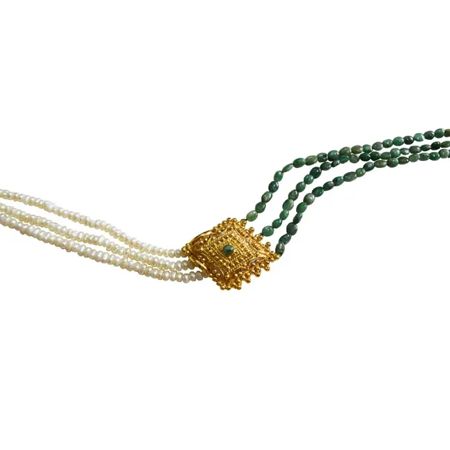 3 Line Real Emerald, Freshwater Pearl &  Gold Plated Pendant Maharani Necklace (SN974)