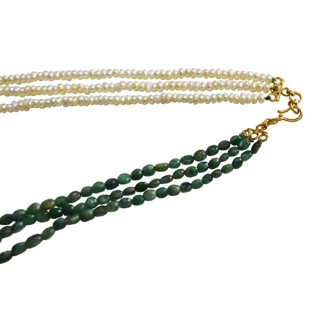 3 Line Real Emerald, Freshwater Pearl &  Gold Plated Pendant Maharani Necklace (SN974)