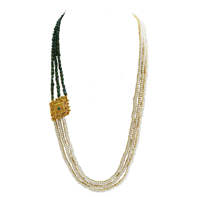 3 Line Real Emerald, Freshwater Pearl &  Gold Plated Pendant Maharani Necklace (SN974)