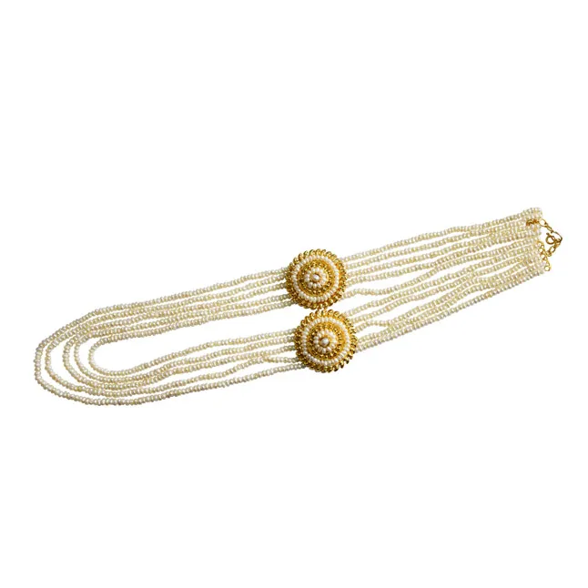 5 Line Real Freshwater Pearl & 2 Gold Plated Pendant Maharani Necklace for Women (SN975)
