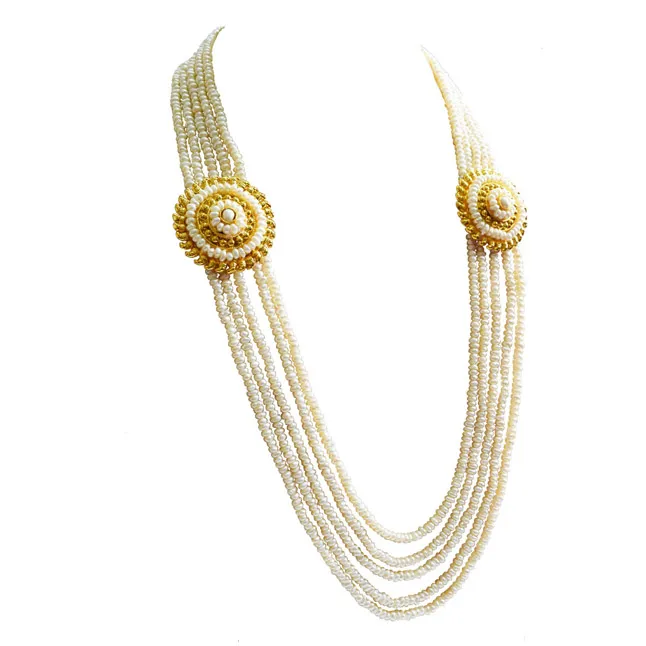 5 Line Real Freshwater Pearl & 2 Gold Plated Pendant Maharani Necklace for Women (SN975)