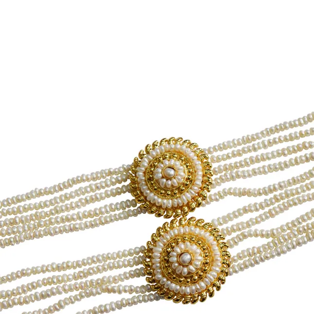 5 Line Real Freshwater Pearl & 2 Gold Plated Pendant Maharani Necklace for Women (SN975)