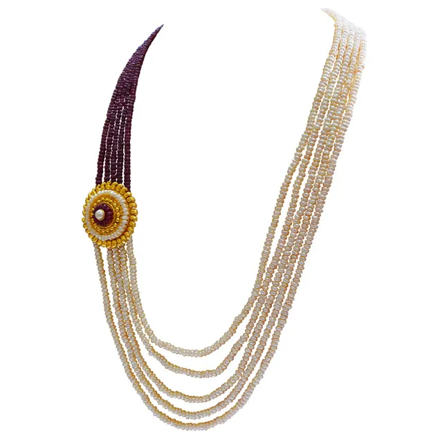 5 Line Real Freshwater Pearl Gold Plated Pendant Maharani Necklace (SN976)