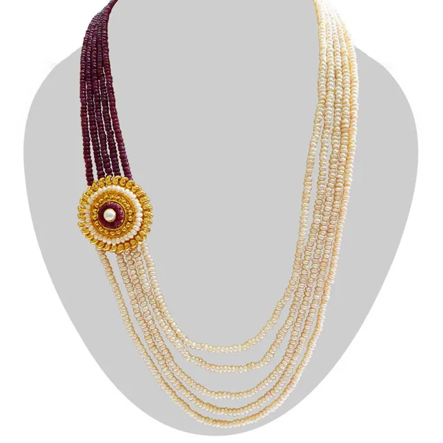 5 Line Real Freshwater Pearl Gold Plated Pendant Maharani Necklace (SN976)