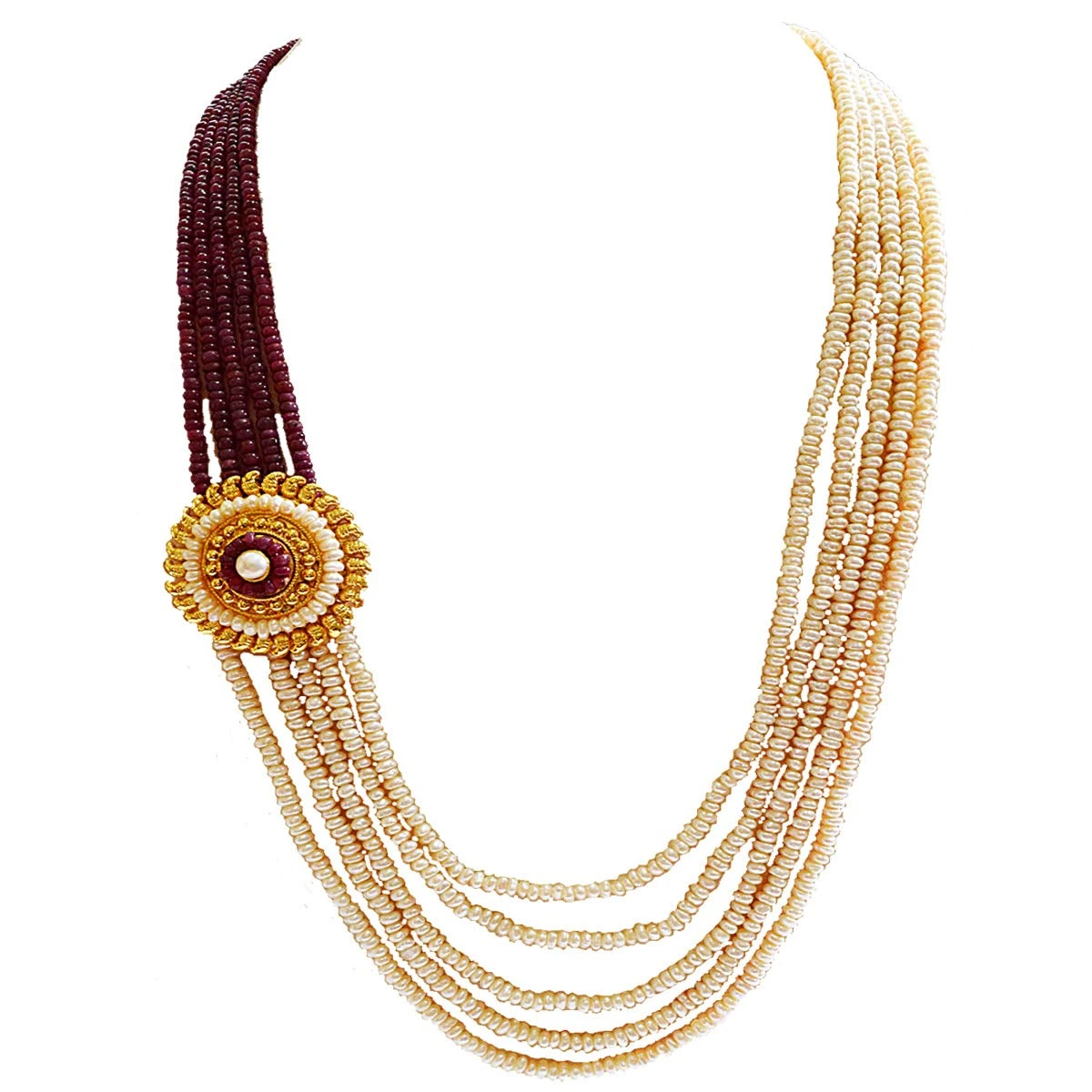 5 Line Real Freshwater Pearl Gold Plated Pendant Maharani Necklace (SN976)