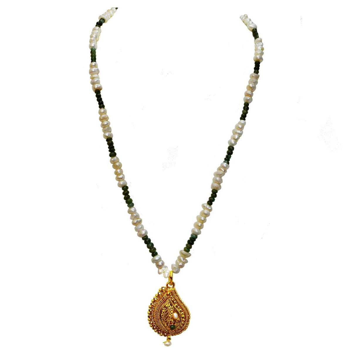 Single Line Real Emerald, Freshwater Pearl & Gold Plated Pendant Necklace (SN977)