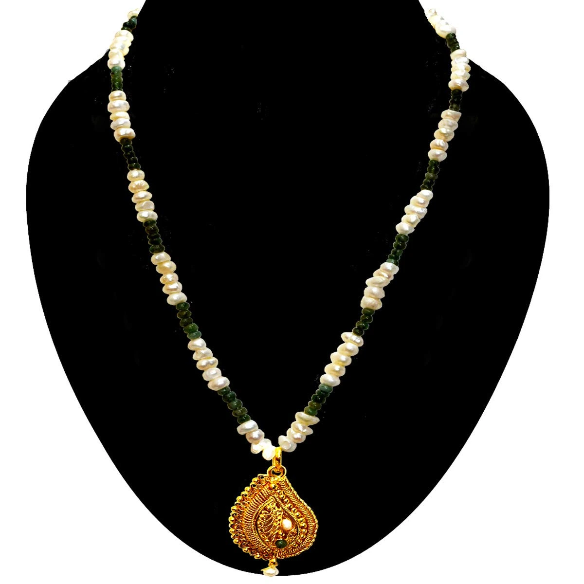 Single Line Real Emerald, Freshwater Pearl & Gold Plated Pendant Necklace (SN977)