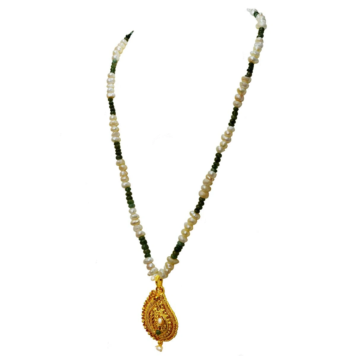 Single Line Real Emerald, Freshwater Pearl & Gold Plated Pendant Necklace (SN977)