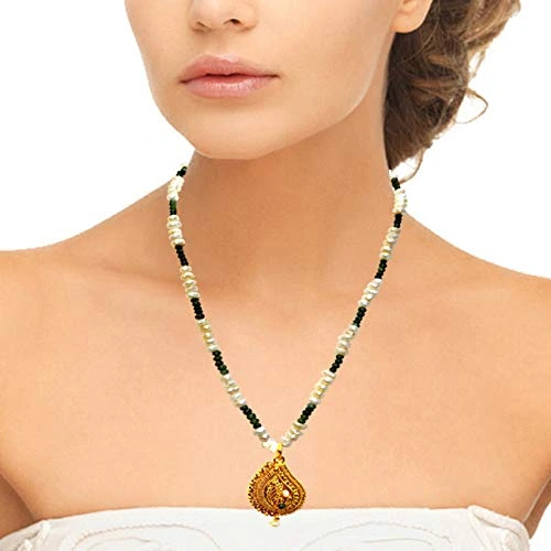 Single Line Real Emerald, Freshwater Pearl & Gold Plated Pendant Necklace (SN977)
