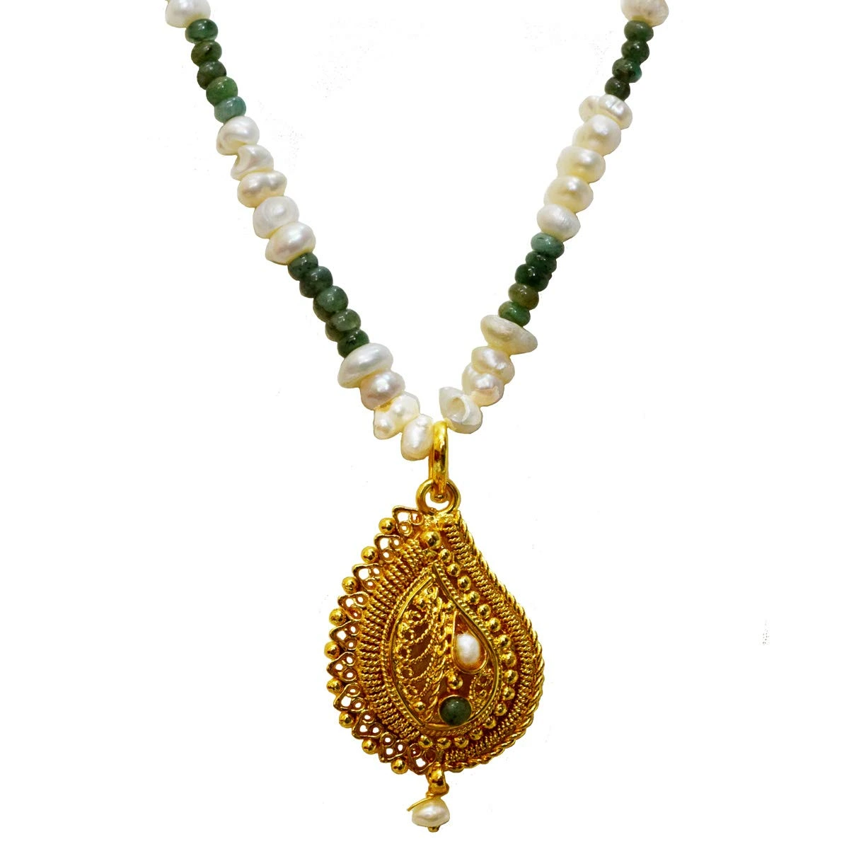 Single Line Real Emerald, Freshwater Pearl & Gold Plated Pendant Necklace (SN977)