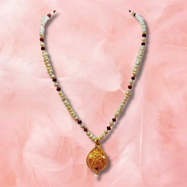 Single Line Real Ruby, Freshwater Pearl & Gold Plated Pendant Necklace for Women (SN978)