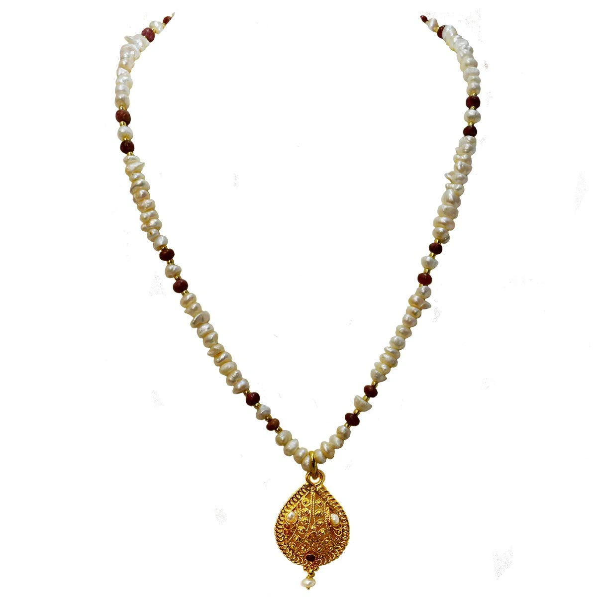 Single Line Real Ruby, Freshwater Pearl & Gold Plated Pendant Necklace for Women (SN978)