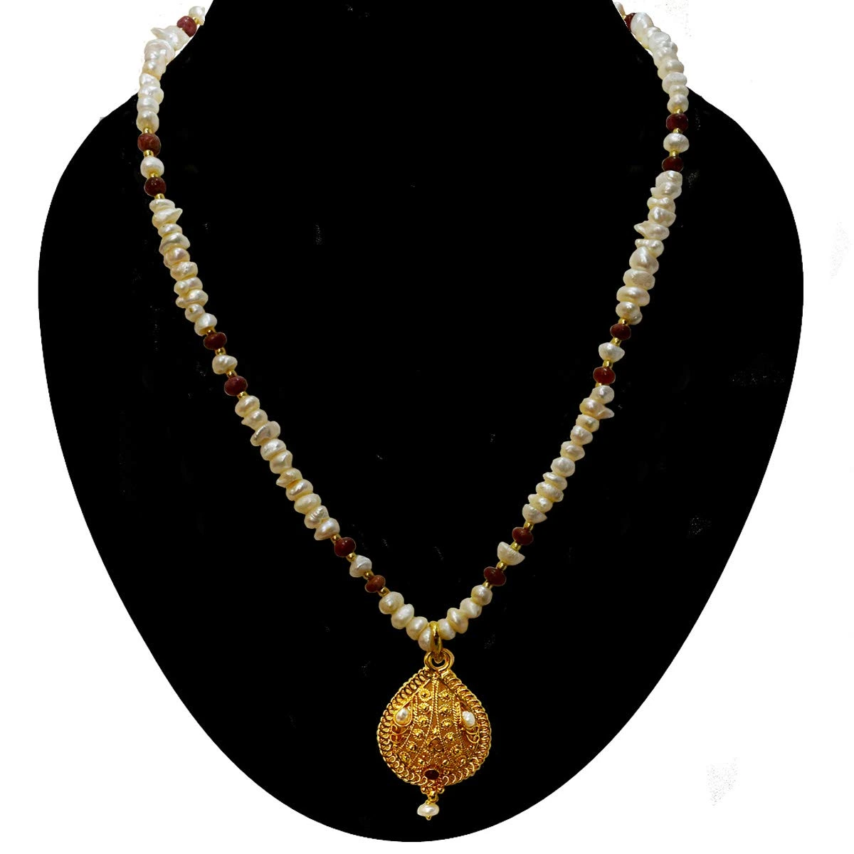 Single Line Real Ruby, Freshwater Pearl & Gold Plated Pendant Necklace for Women (SN978)