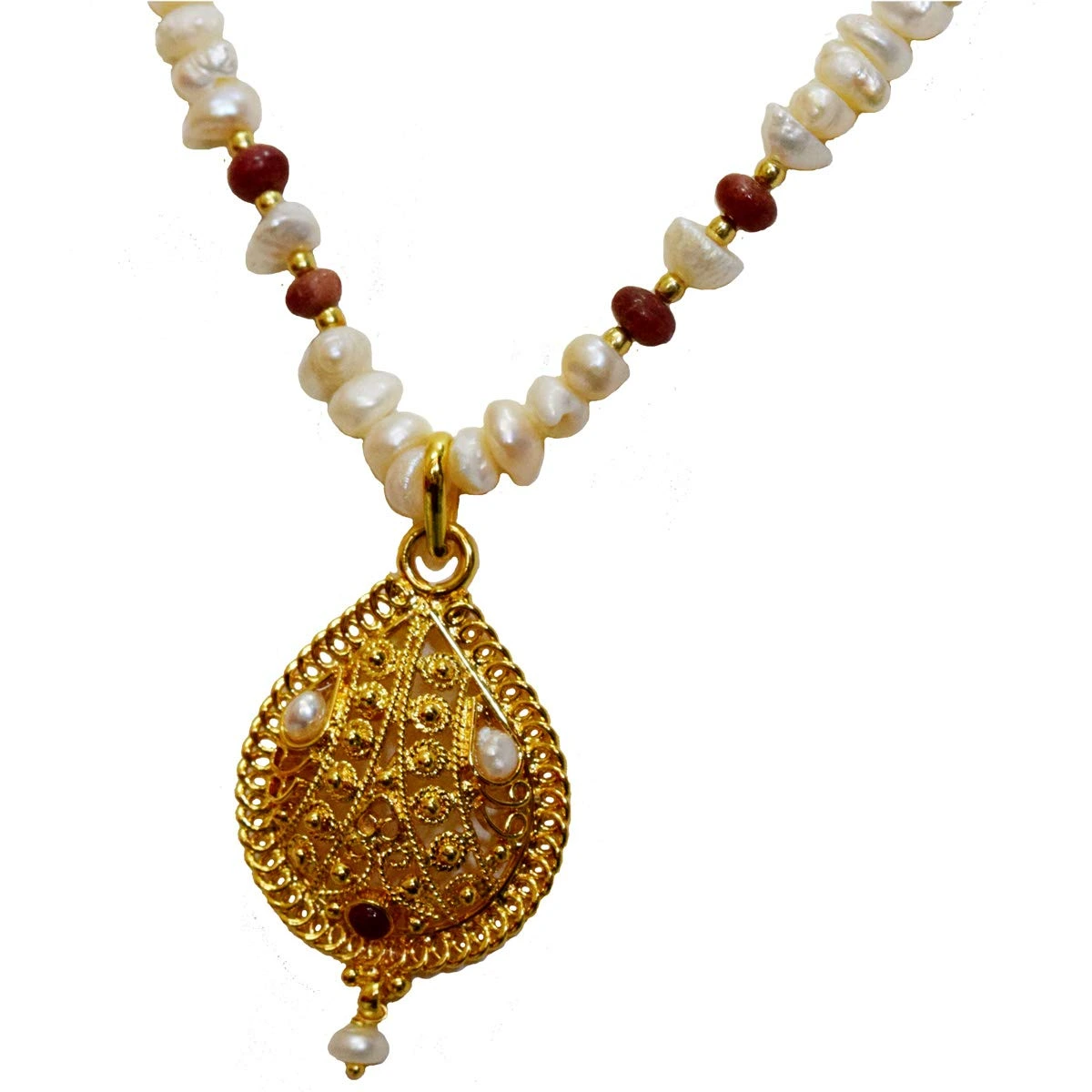Single Line Real Ruby, Freshwater Pearl & Gold Plated Pendant Necklace for Women (SN978)