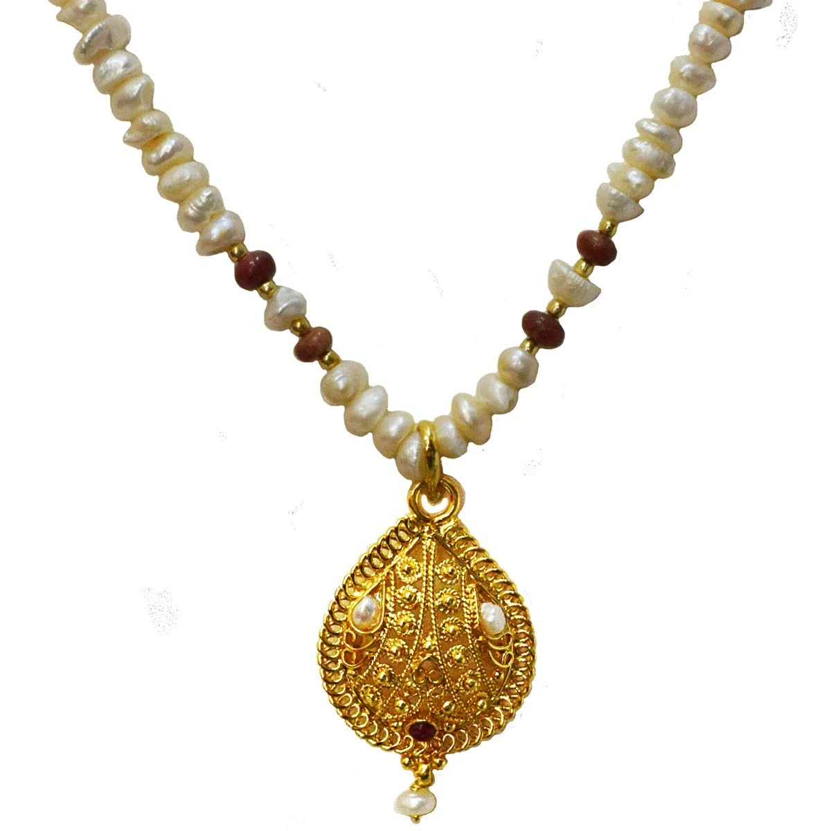 Single Line Real Ruby, Freshwater Pearl & Gold Plated Pendant Necklace for Women (SN978)