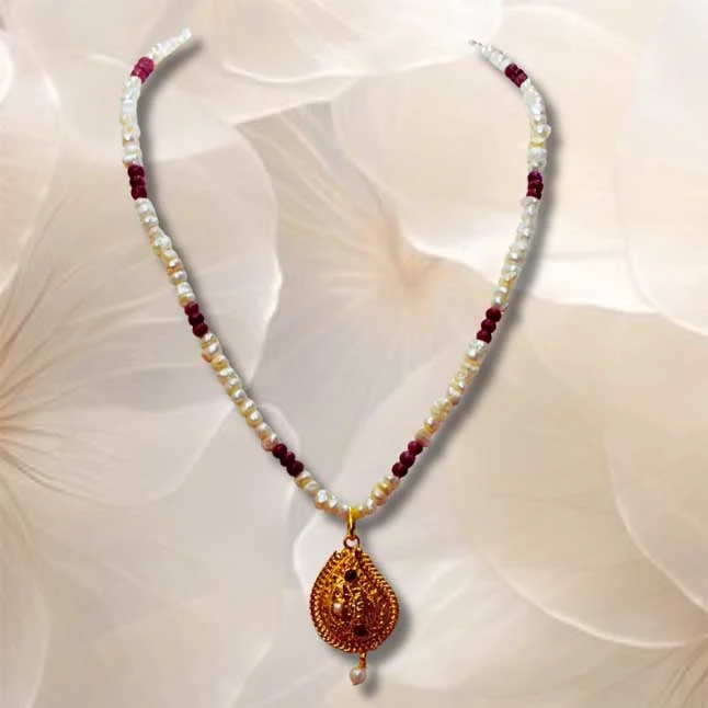 Ethnic Real Ruby, Freshwater Pearl & Gold Plated Pendant Necklace for Women (SN979)