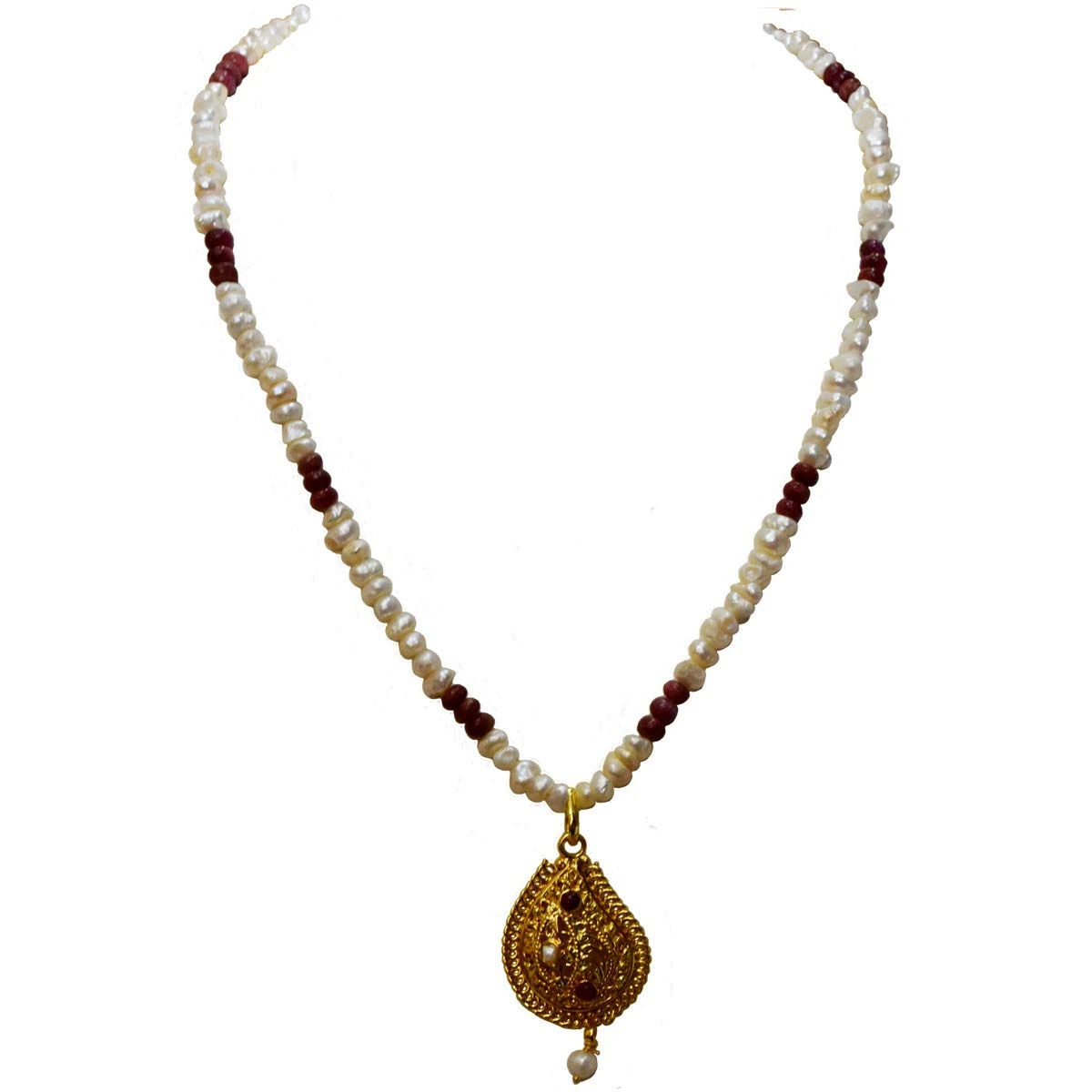 Ethnic Real Ruby, Freshwater Pearl & Gold Plated Pendant Necklace for Women (SN979)