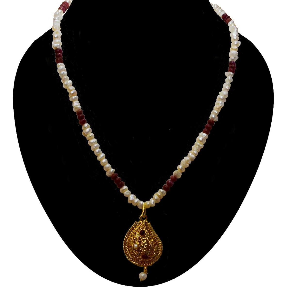 Ethnic Real Ruby, Freshwater Pearl & Gold Plated Pendant Necklace for Women (SN979)