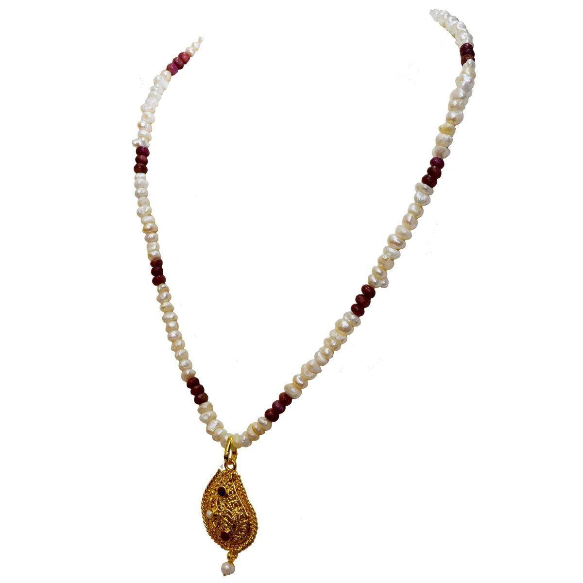 Ethnic Real Ruby, Freshwater Pearl & Gold Plated Pendant Necklace for Women (SN979)