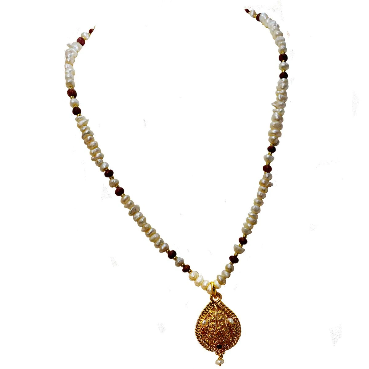 Ethnic Real Ruby, Freshwater Pearl & Gold Plated Pendant Necklace for Women (SN979)