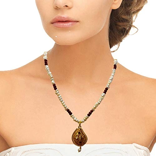 Ethnic Real Ruby, Freshwater Pearl & Gold Plated Pendant Necklace for Women (SN979)