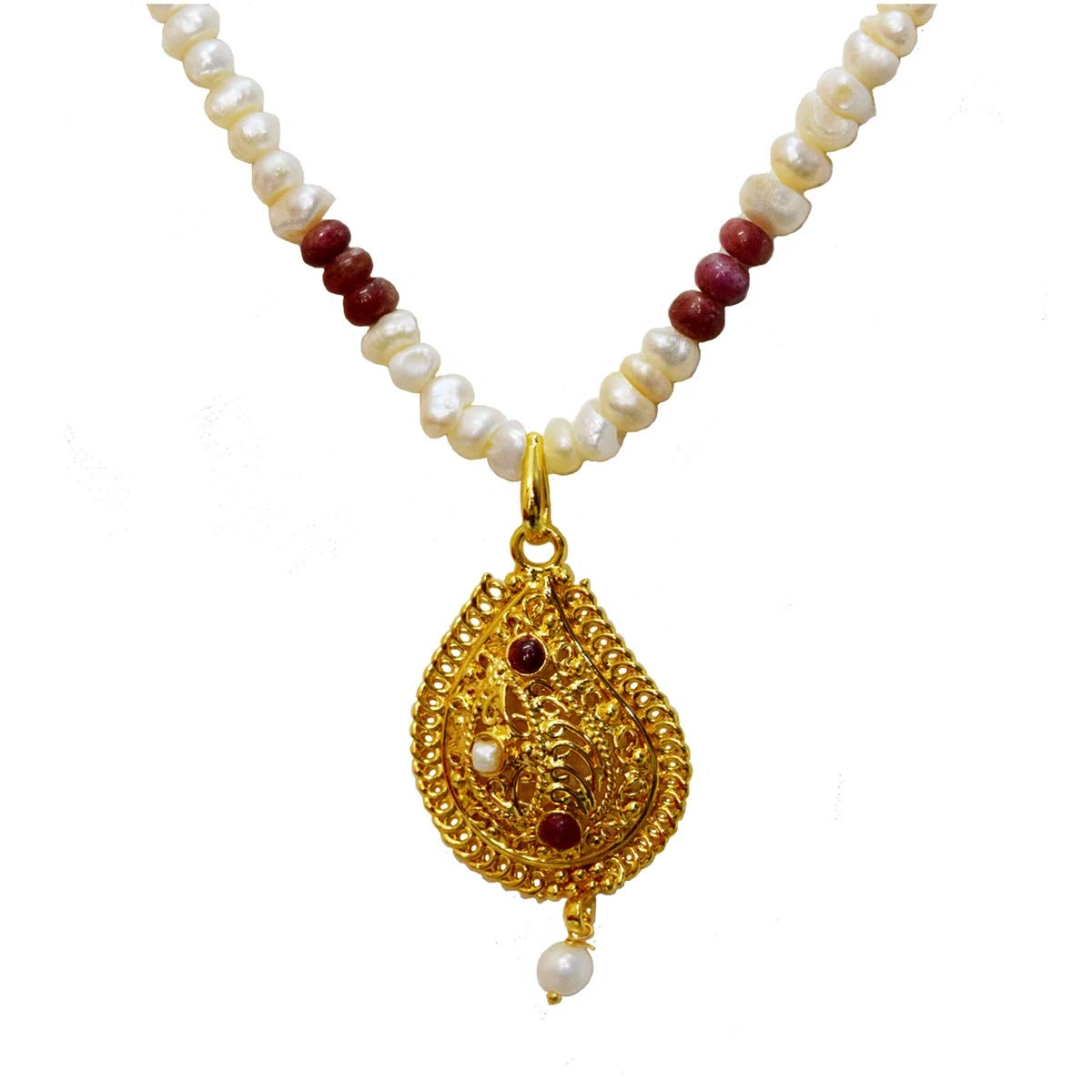 Ethnic Real Ruby, Freshwater Pearl & Gold Plated Pendant Necklace for Women (SN979)