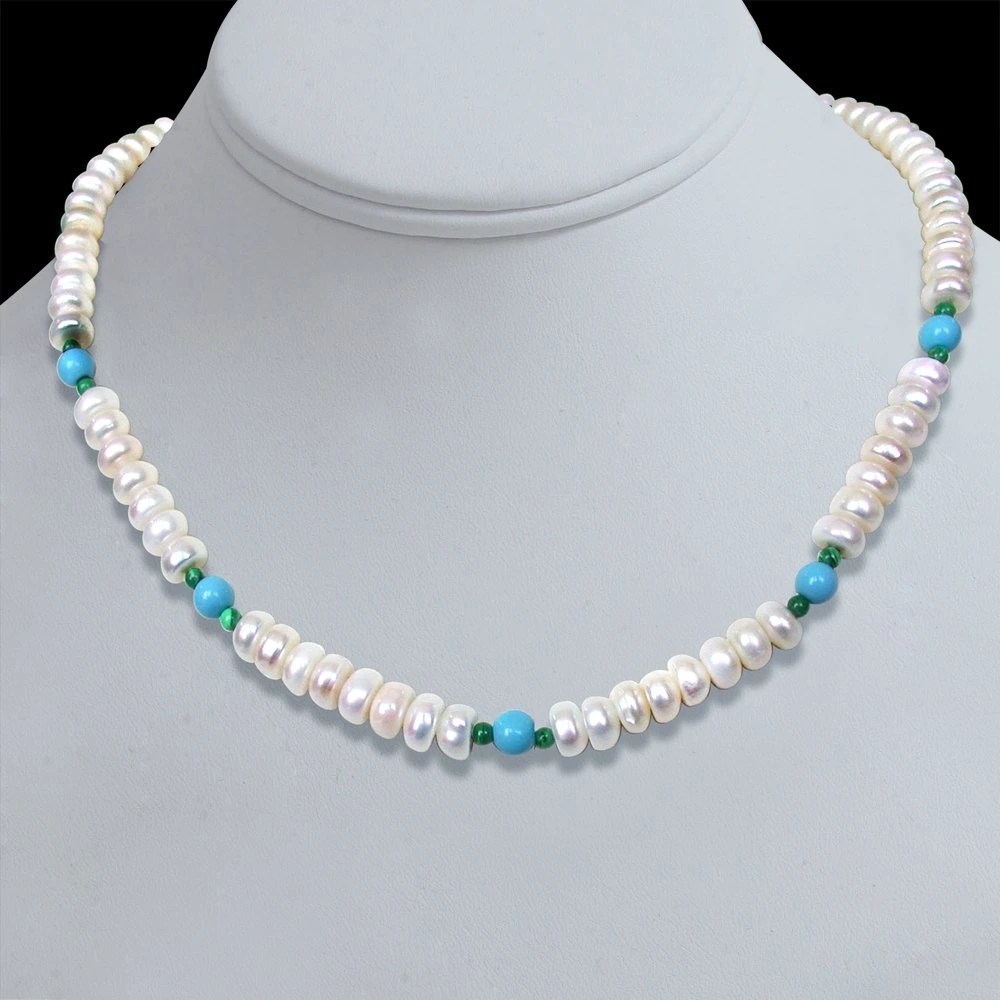 Purity - Freshwater Pearl, Turquoise & Malachite Beads Necklace for Women (SN97)
