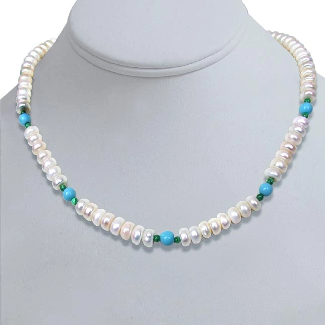 Purity - Freshwater Pearl, Turquoise & Malachite Beads Necklace for Women (SN97)