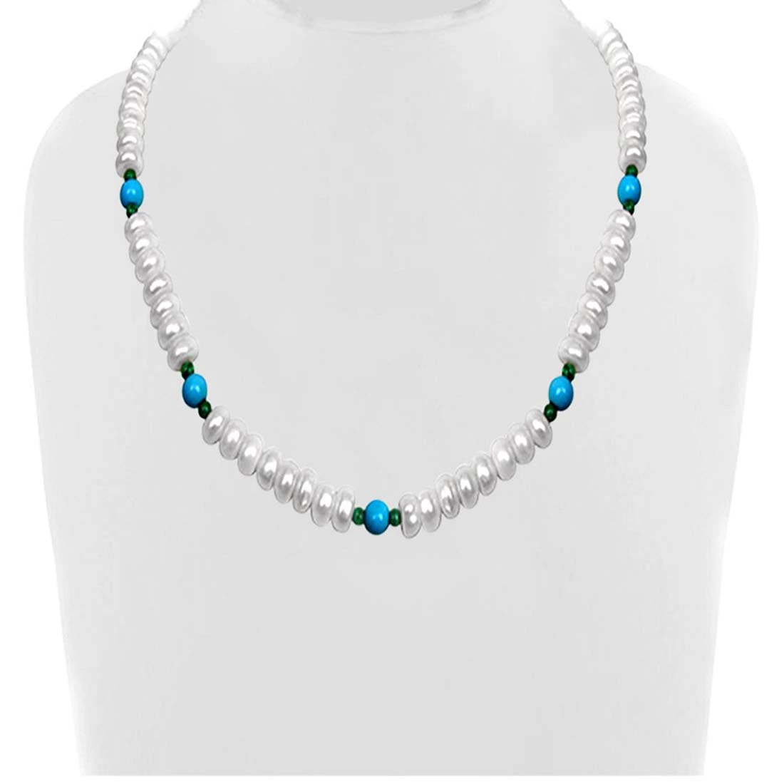 Purity - Freshwater Pearl, Turquoise & Malachite Beads Necklace for Women (SN97)