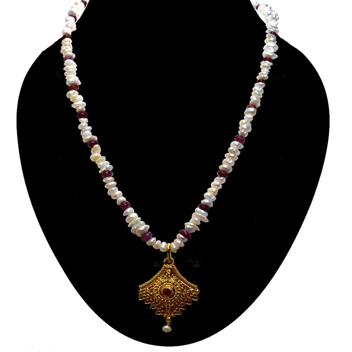 Traditional Real Ruby, Freshwater Pearl & Gold Plated Pendant Necklace (SN980)