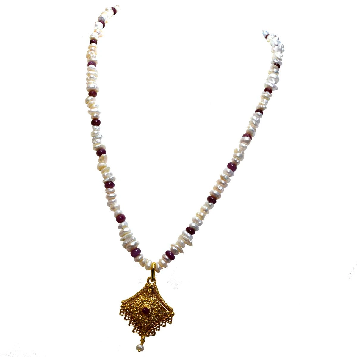 Traditional Real Ruby, Freshwater Pearl & Gold Plated Pendant Necklace (SN980)