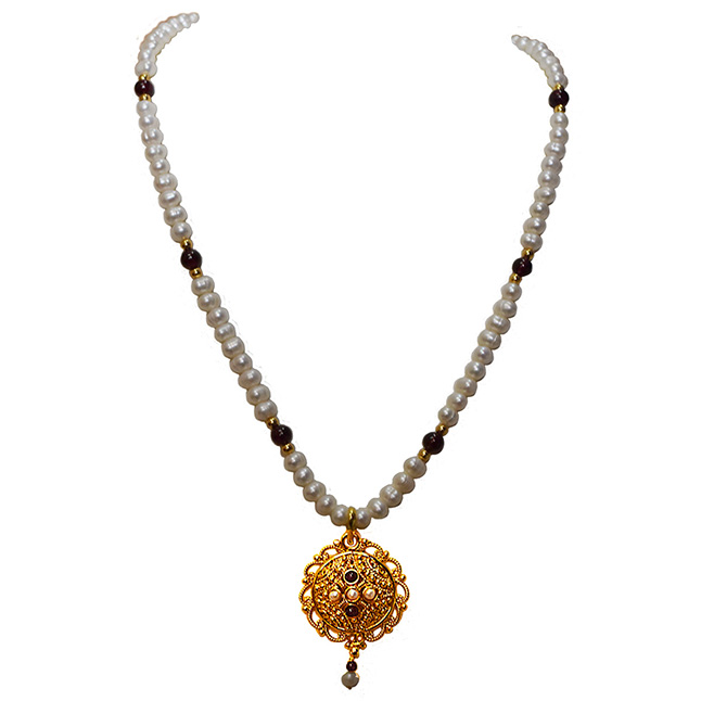 Single Line Real Freshwater Pearl, Garnet & Gold Plated Pendant Necklace (SN981)