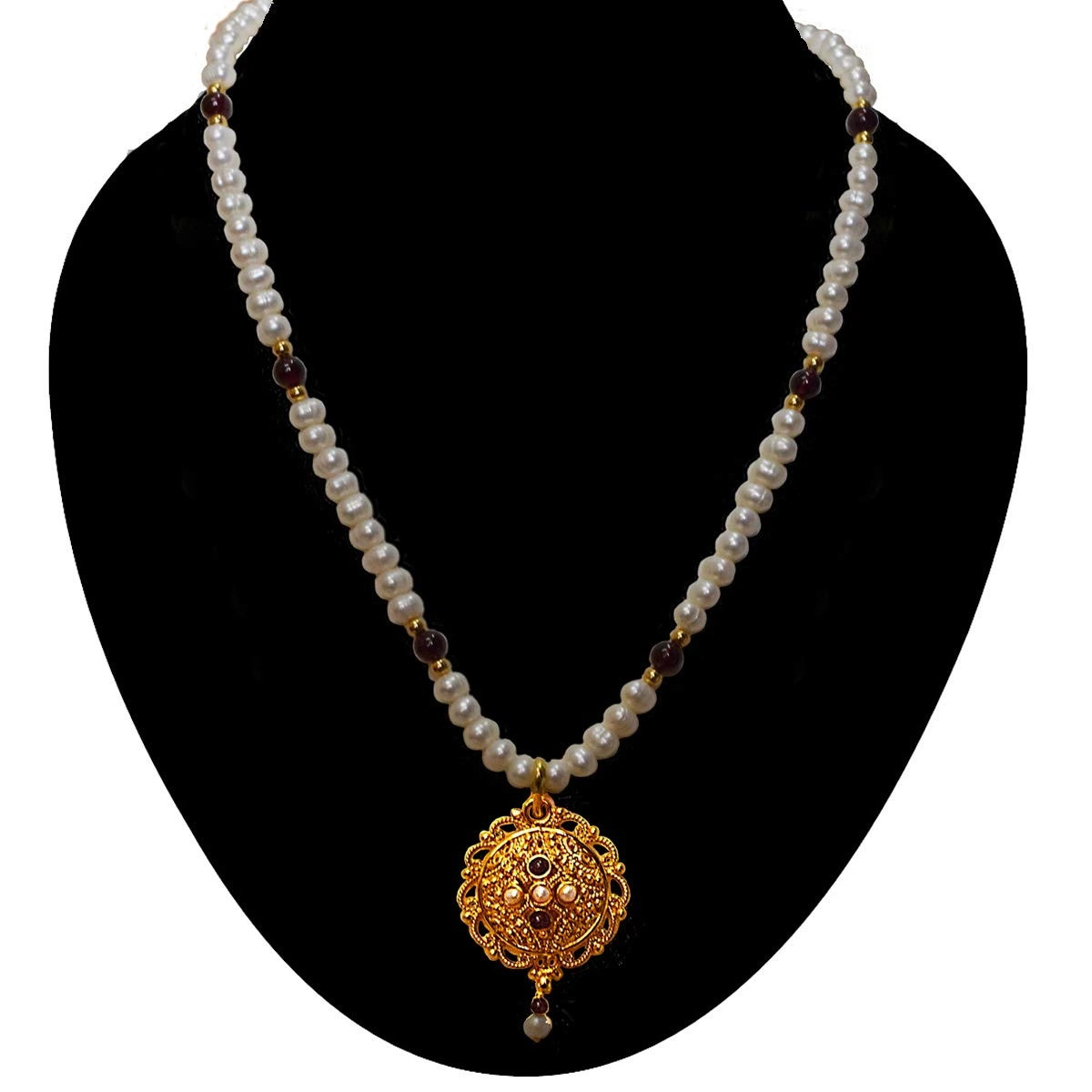 Single Line Real Freshwater Pearl, Garnet & Gold Plated Pendant Necklace (SN981)