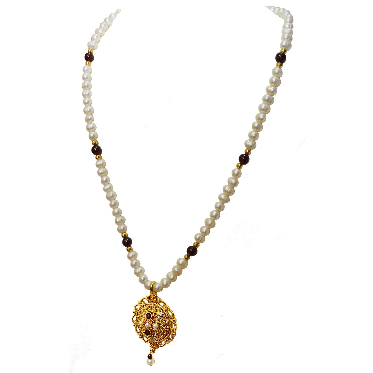 Single Line Real Freshwater Pearl, Garnet & Gold Plated Pendant Necklace (SN981)