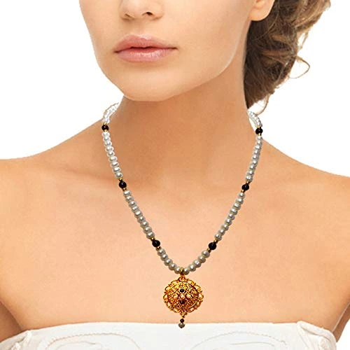 Single Line Real Freshwater Pearl, Garnet & Gold Plated Pendant Necklace (SN981)