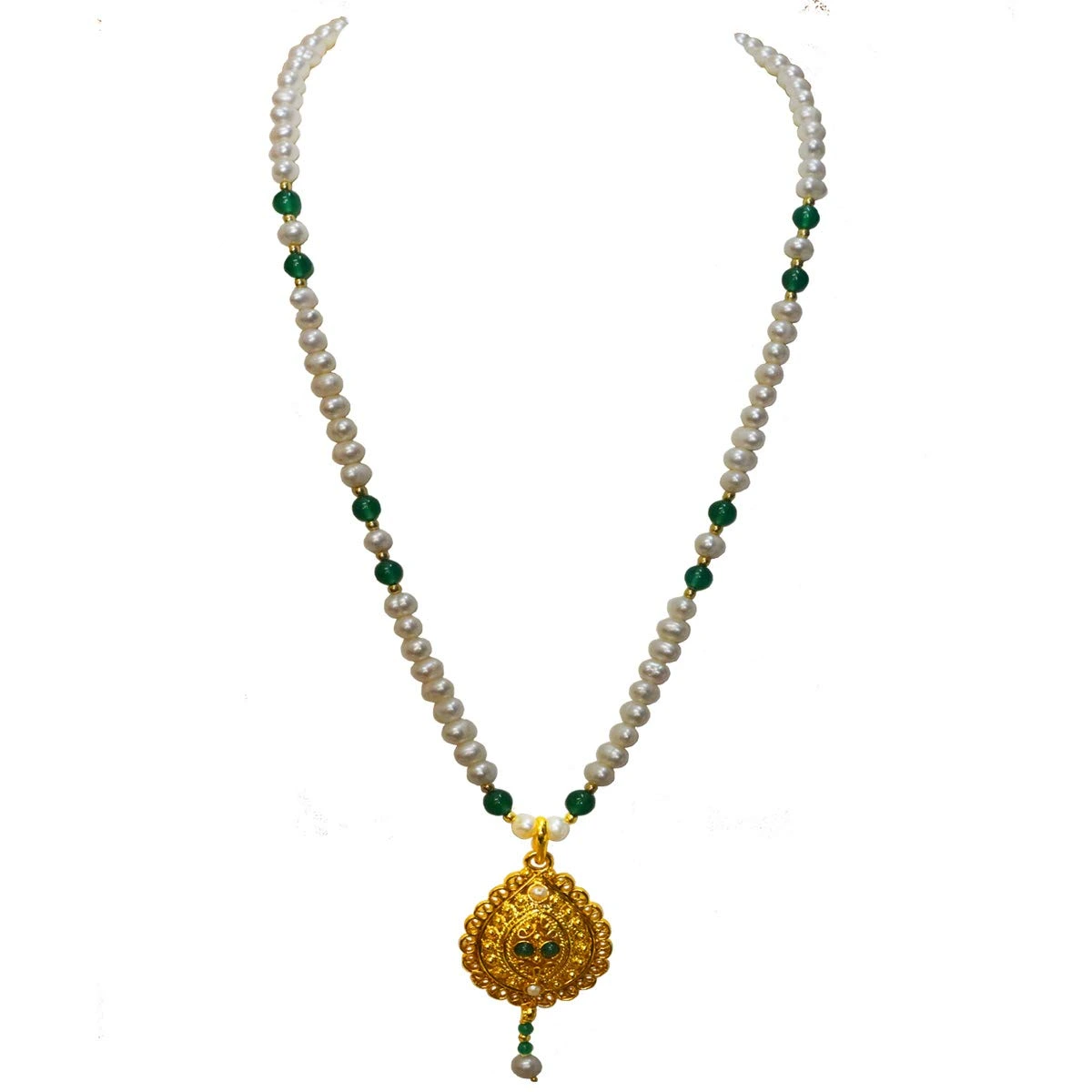 Single Line Real Freshwater Pearl, Onyx & Gold Plated Pendant Necklace for Women (SN982)