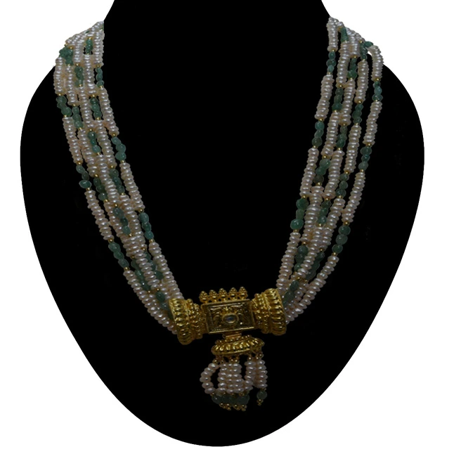 Real Oval Emerald, Freshwater Pearl & Gold Plated Pendant Necklace for Women (SN983)