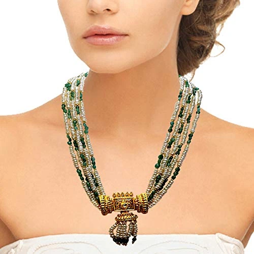 Real Oval Emerald, Freshwater Pearl & Gold Plated Pendant Necklace for Women (SN983)