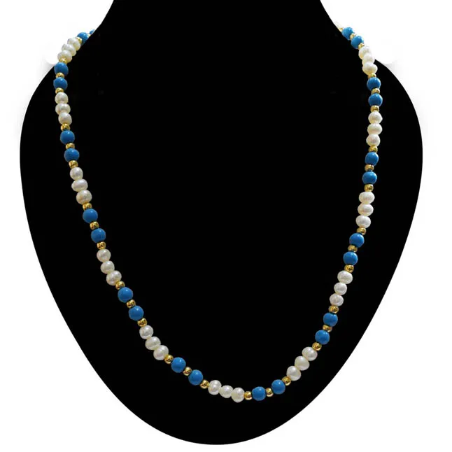 Single Line Real Freshwater Pearl, Turquoise Beads & Gold Plated Beads Necklace (SN984)