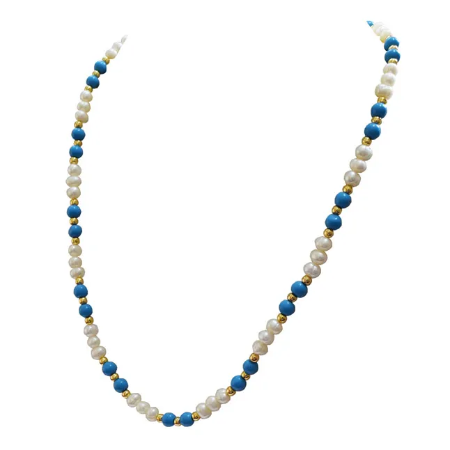 Single Line Real Freshwater Pearl, Turquoise Beads & Gold Plated Beads Necklace (SN984)