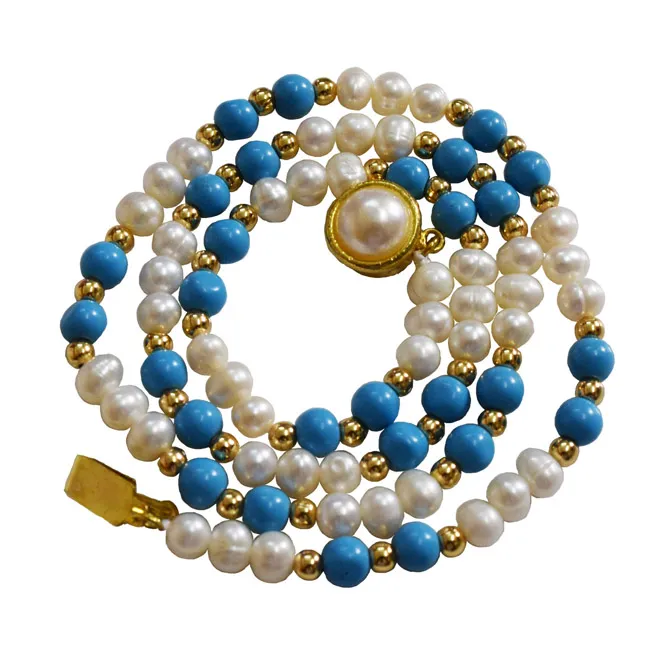 Single Line Real Freshwater Pearl, Turquoise Beads & Gold Plated Beads Necklace (SN984)