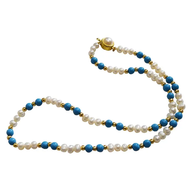 Single Line Real Freshwater Pearl, Turquoise Beads & Gold Plated Beads Necklace (SN984)